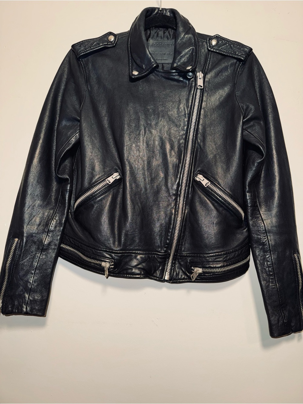 AllSaints Black Asymmetric Leather Moto Jacket